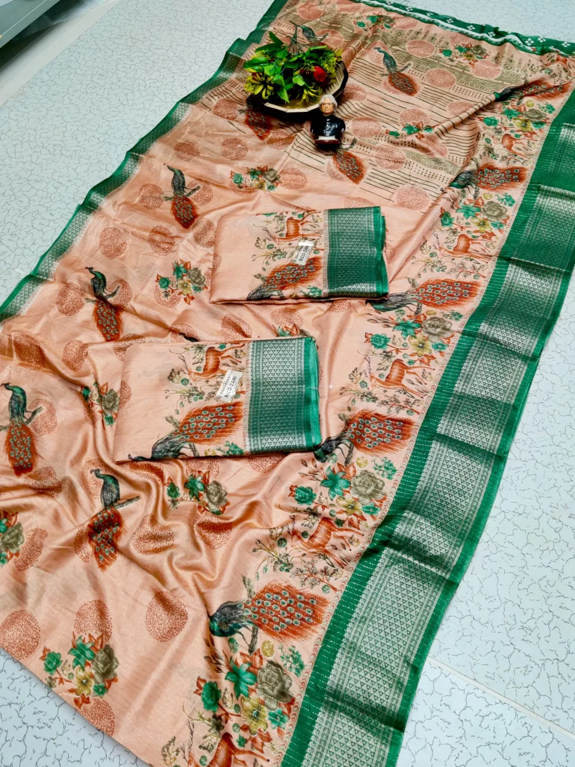 Peacock Garden Print Silver Zari Semi Silk Saree